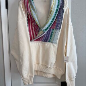 NWT Free People L Snow White Combo Colorful Rainbow Wool Hooded V Neck Pullover